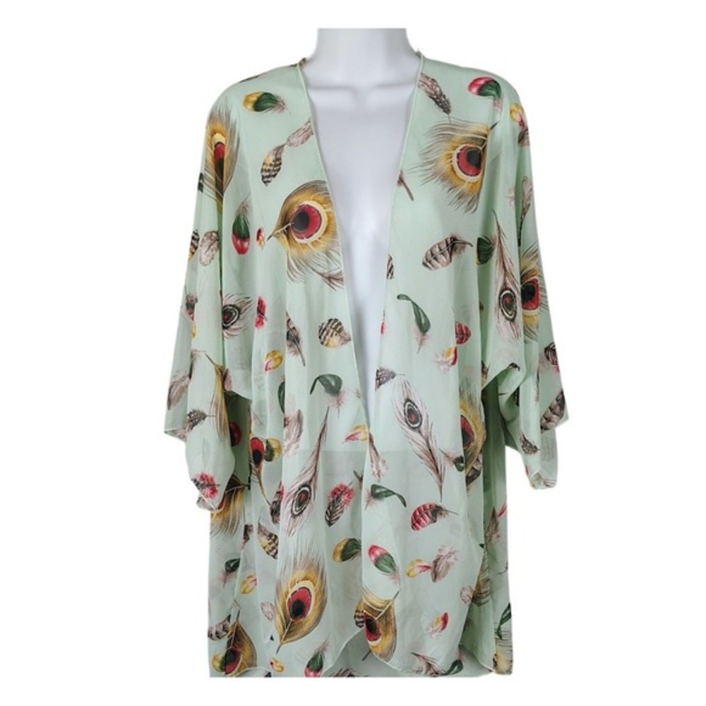 Lovely J Peacock Feather Print Kimono Cardigan Mint Green Sheer S coverup‎ beach